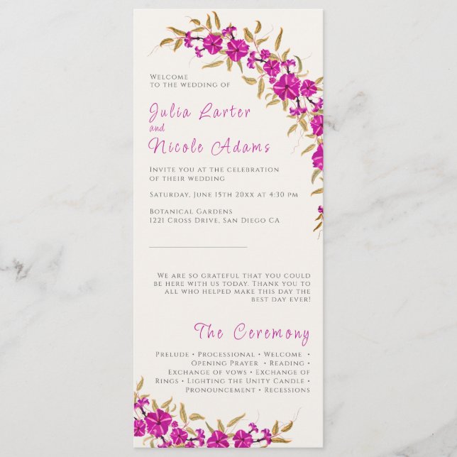Purple Wild Trumpet Vine Flower Garden Wedding Programme (Front)