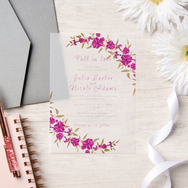 Purple Wild Trumpet Vine Flower Garden Wedding Vellum Invitations (Wedding)