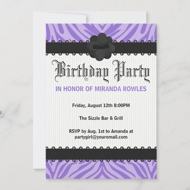 Purple Wild Zebra Birthday Party Invitations (Front)