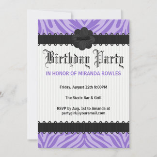 Purple Wild Zebra Birthday Party Invitations