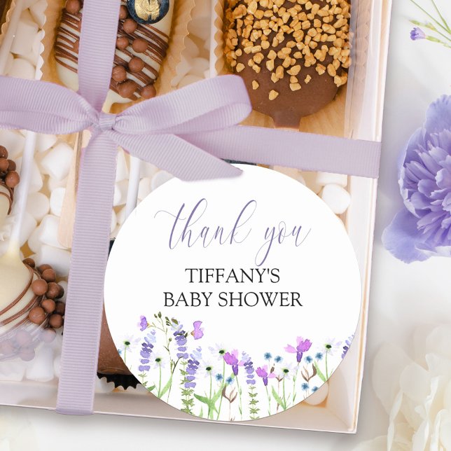 Purple Wildflower Baby Shower Thank You Script Classic Round Sticker (Thank you sticker from my Purple Wildflower Collection.)