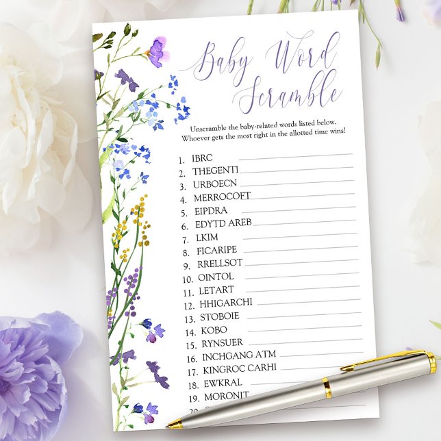 Purple Wildflower Baby Word Scramble Shower Game (Baby Word Scramble Game Card from my Purple Wildflower Collection.)