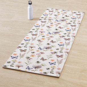 Purple Wildflower, Bee & Butterfly Watercolor Yoga Mat