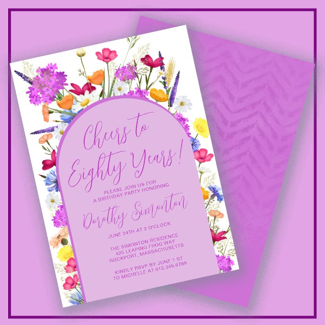 Purple Wildflower Boho Arch 80th Birthday Party Invitation (Creator Uploaded)