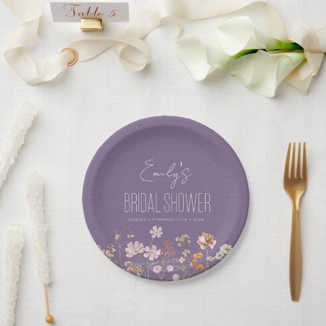 Purple Wildflower Boho Bridal Shower In Bloom Paper Plate (Wedding)