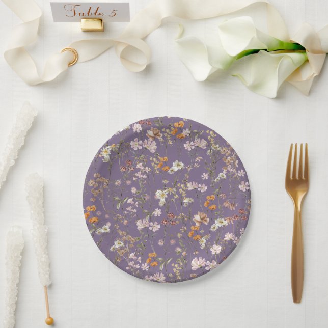 Purple Wildflower Boho Wedding In Bloom Garden Paper Plate (Wedding)
