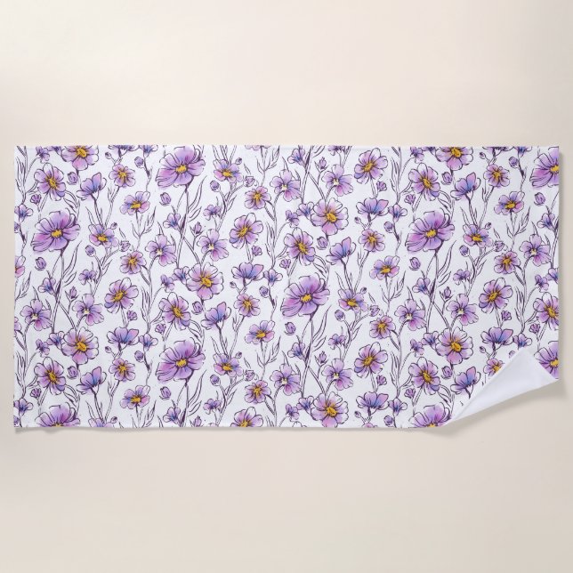Purple Wildflower Botanical Pattern Design Beach Towel (Front)