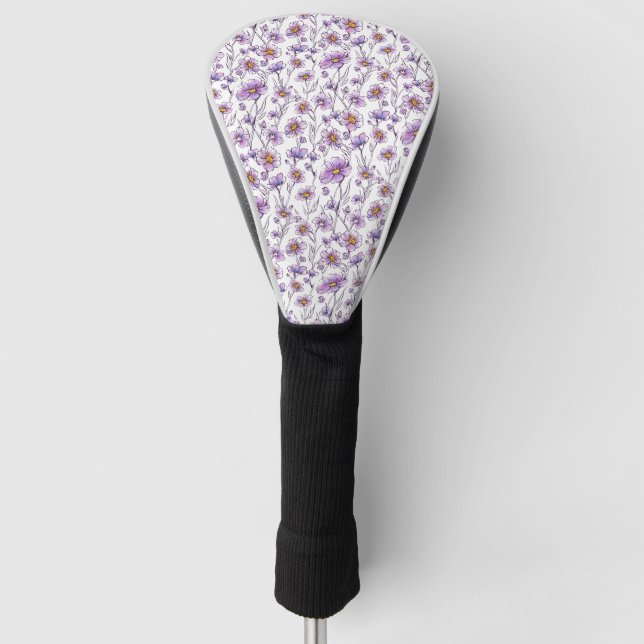 Purple Wildflower Botanical Pattern Design Golf Head Cover (Front)
