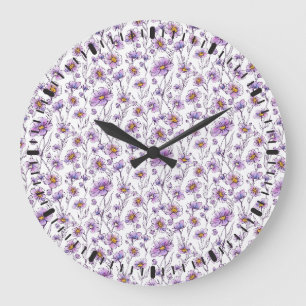 Purple Wildflower Botanical Pattern Design Large Clock