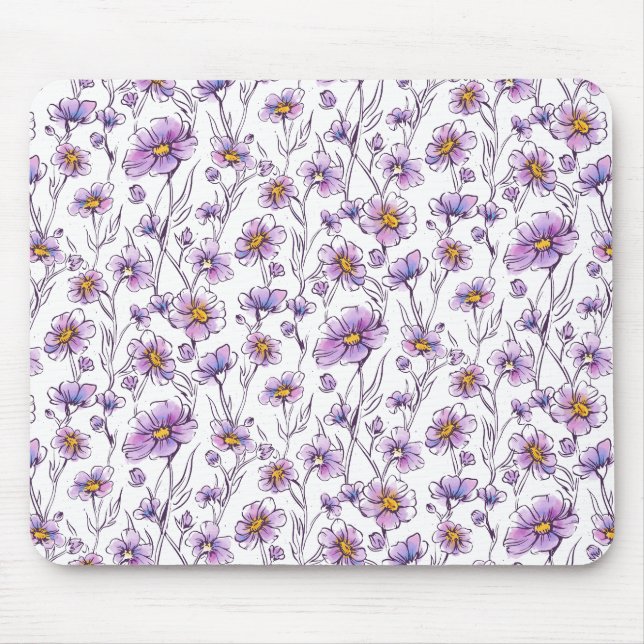 Purple Wildflower Botanical Pattern Design Mouse Mat (Front)