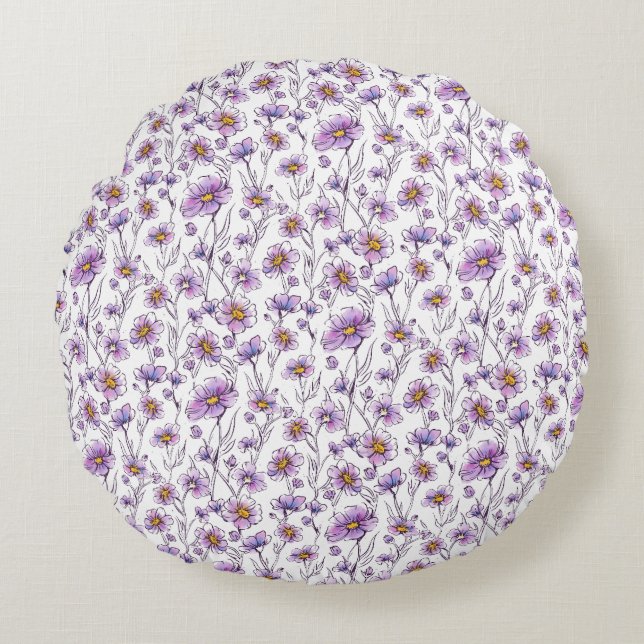 Purple Wildflower Botanical Pattern Design Round Cushion (Front)