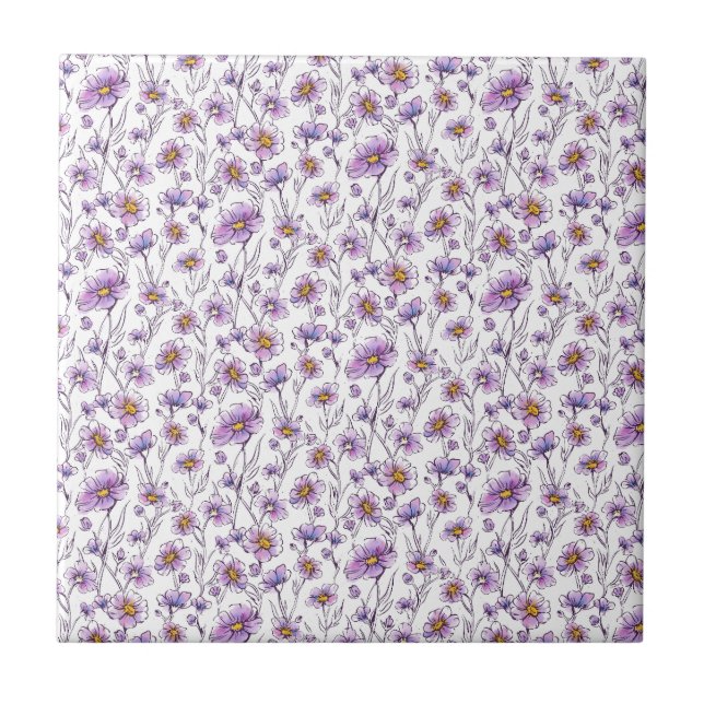 Purple Wildflower Botanical Pattern Design Tile (Front)