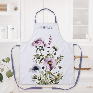 Purple Wildflower Bouquet Watercolor Floral Apron