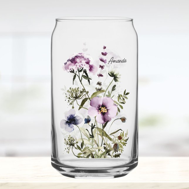 Purple Wildflower Bouquet Watercolor Floral Can Glass (In situ)