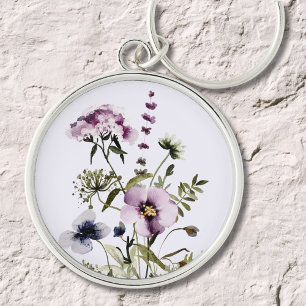 Purple Wildflower Bouquet Watercolor Floral Key Ring