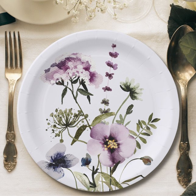Purple Wildflower Bouquet Watercolor Floral Paper Plate (In situ)