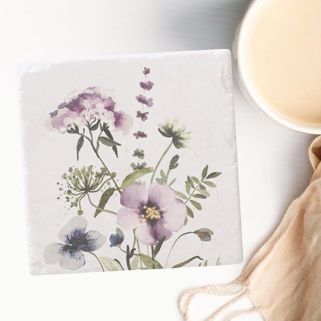 Purple Wildflower Bouquet Watercolor Floral Stone Coaster (In situ)