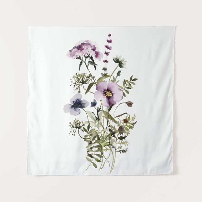 Purple Wildflower Bouquet Watercolor Floral Tapestry (Front)