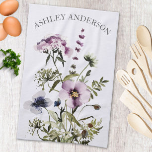 Purple Wildflower Bouquet Watercolor Floral Tea Towel