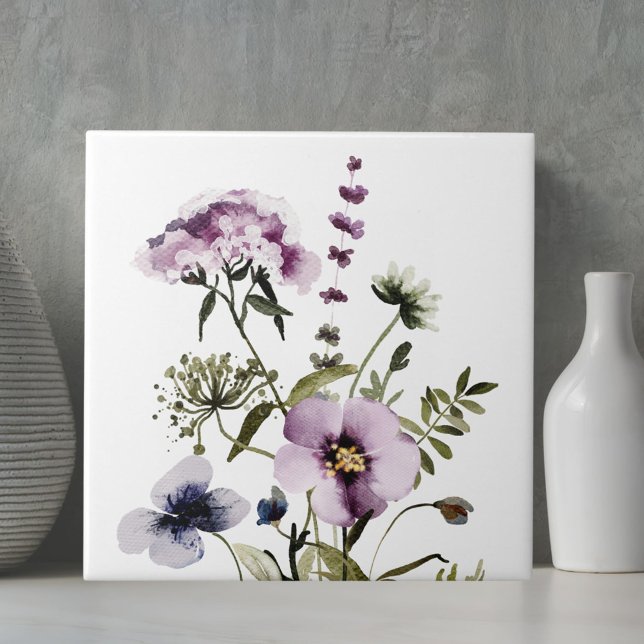 Purple Wildflower Bouquet Watercolor Floral Tile (Close up)