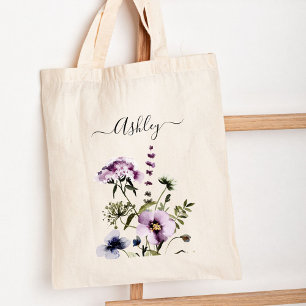Purple Wildflower Bouquet Watercolor Floral Tote Bag