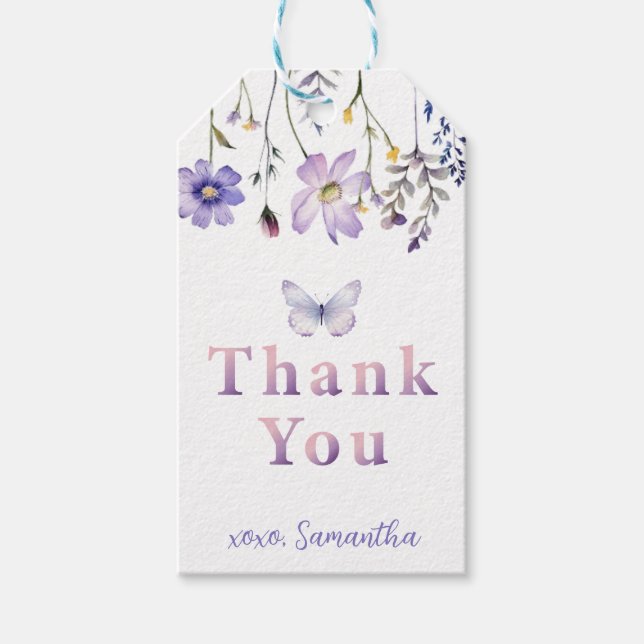 Purple Wildflower Butterfly Birthday Gift Tag (Front)