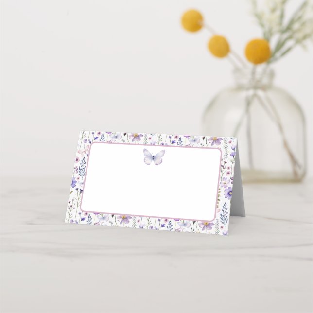 Purple Wildflower Butterfly Blank Place Card (Front)
