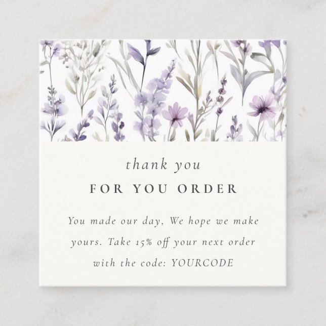 Purple Wildflower Butterfly Thank You For Order Square Business Card (Front)