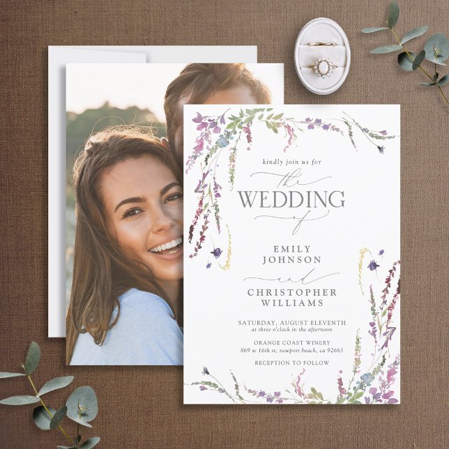 Purple Wildflower Calligraphy Photo Wedding Invitation (Creator Uploaded)
