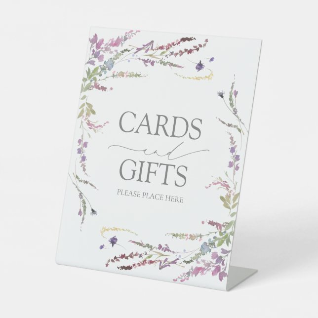 Purple Wildflower Calligraphy Wedding Gift Pedestal Sign (Front)