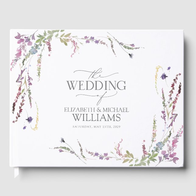 Purple Wildflower Calligraphy Wedding Guest Book (Front)