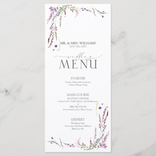 Purple Wildflower Calligraphy Wedding Menu (Front)