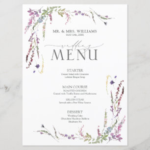 Purple Wildflower Calligraphy Wedding Menu