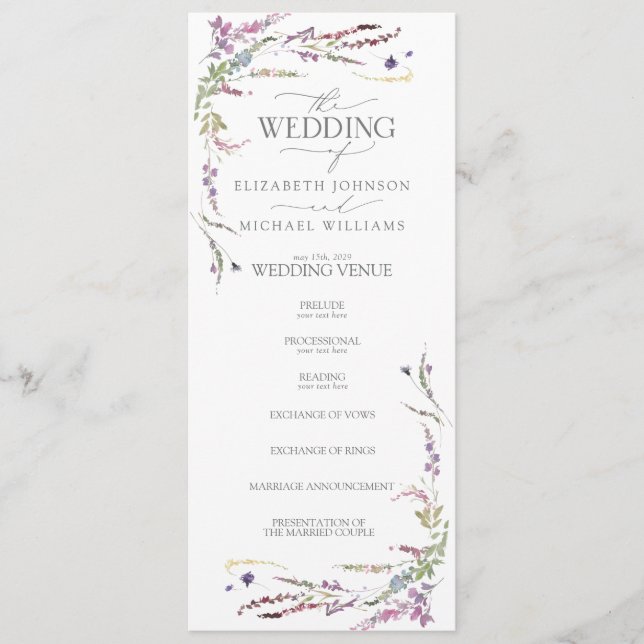 Purple Wildflower Calligraphy Wedding Program Programme (Front)
