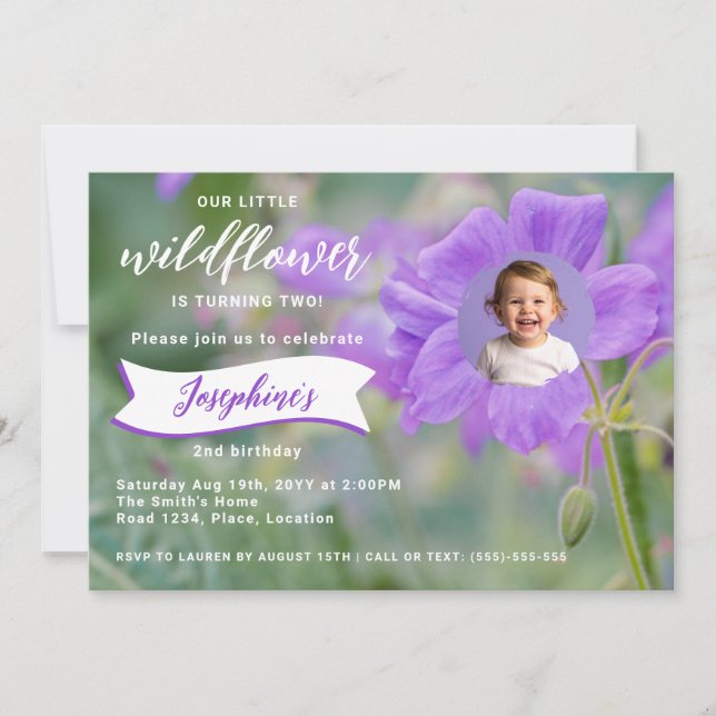 Purple Wildflower Custom Photo Children's Birthday Invitation (Front)