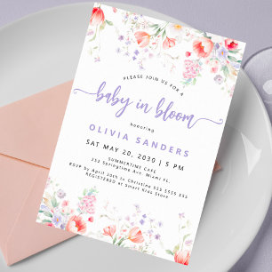 Purple wildflower floral baby in bloom shower invitation
