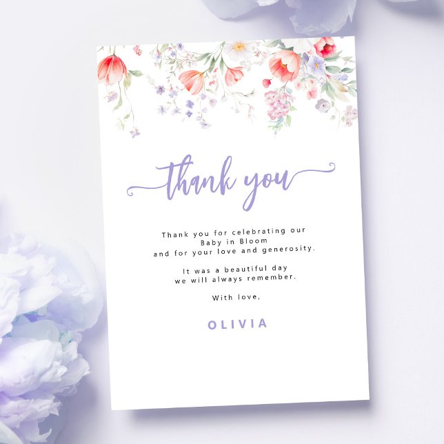 Purple wildflower floral baby in bloom shower thank you card (Creator Uploaded)