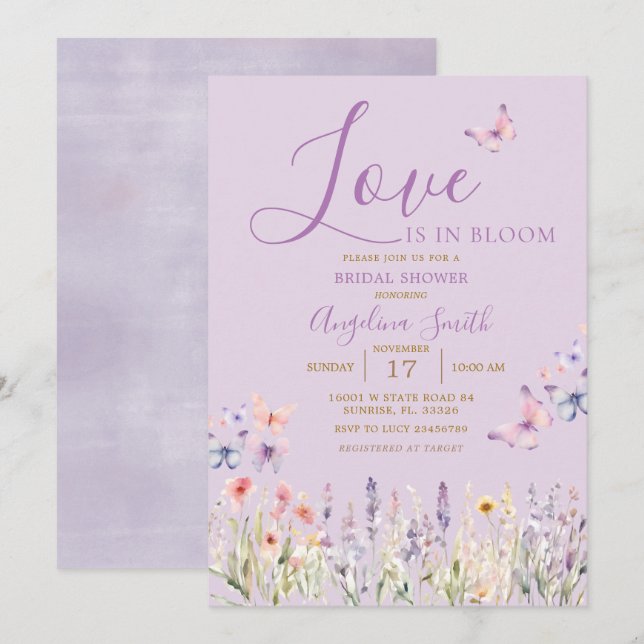 Purple Wildflower Floral Butterfly Bridal Shower  Invitation (Front/Back)