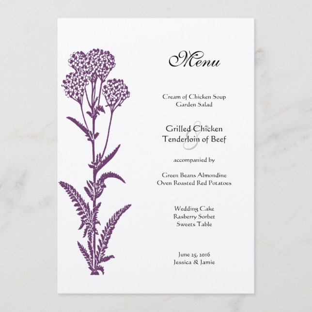 Purple Wildflower Floral Country Chic Wedding Menu (Front)