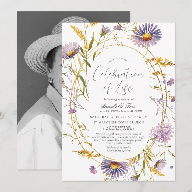 Purple Wildflower Funeral Memorial Invitation (Front/Back)