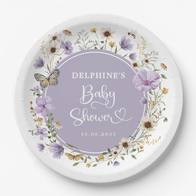 Purple Wildflower Garden Baby in Bloom Shower Paper Plate (Front)
