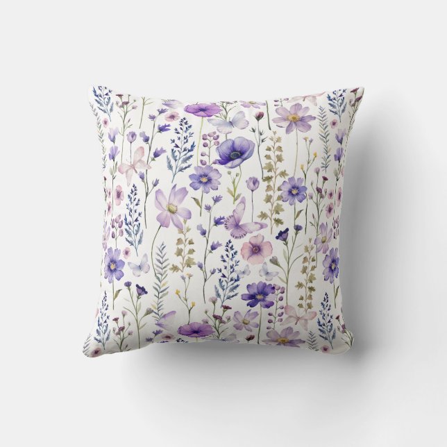 Purple Wildflower Garden Pattern Throw Pillow (Back)