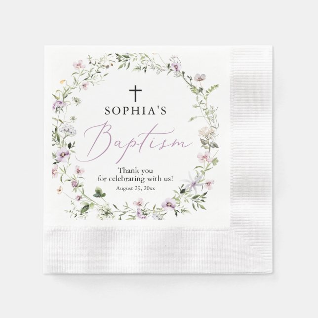 Purple Wildflower Girl Baptism Paper Napkin (Front)