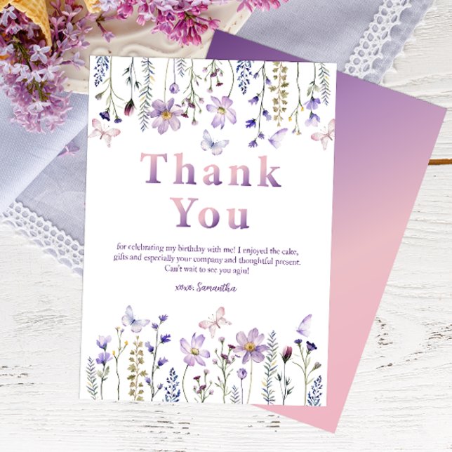 Purple Wildflower Girl’s 1st Birthday Thank You Card (Wildflower Thank You Card)