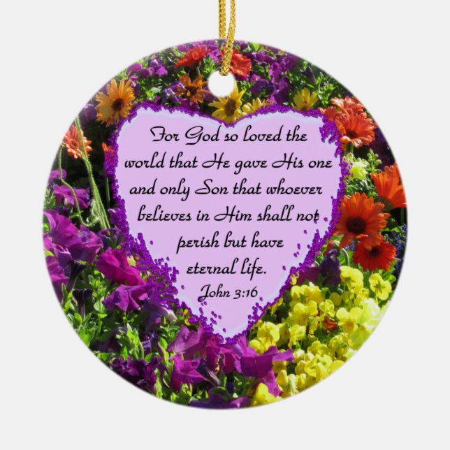 PURPLE WILDFLOWER JOHN 3:16 CERAMIC TREE DECORATION (Front)