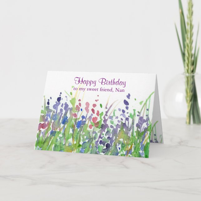 Purple Wildflower Meadow Happy Birthday Friend Card (Front)