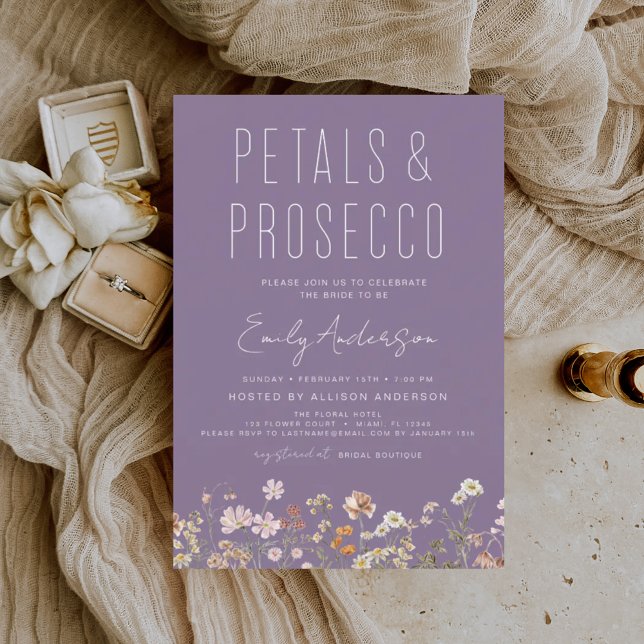 Purple Wildflower Petals & Prosecco Bridal Shower  Invitation (Creator Uploaded)