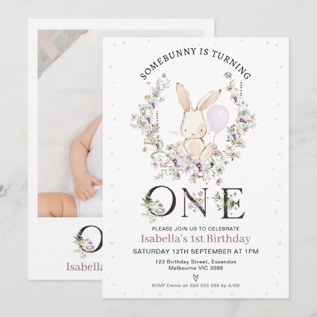 Purple Wildflower Photo Some Bunny 1st Birthday Invitation (Front/Back)