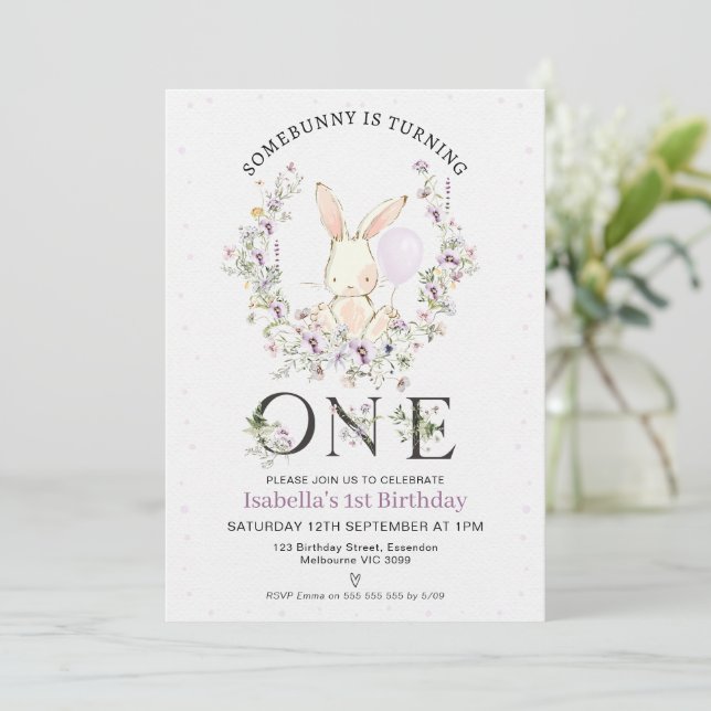Purple Wildflower Some Bunny 1st Birthday Invitation (Standing Front)