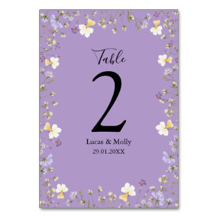 Purple Wildflower Summer Floral Wedding Table Number